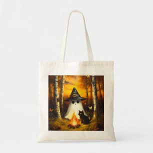 Cosy Halloween Ghost & Black Cat Campfire Art Tote Bag