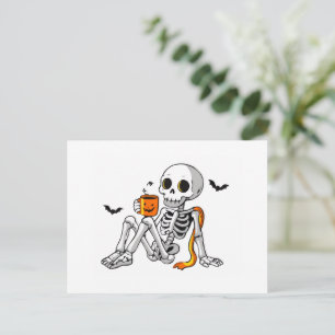 Cosy Halloween Skeleton with Coffee & Bats Mug / S Holiday Postcard