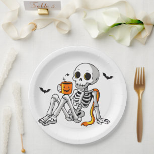 Cosy Halloween Skeleton with Coffee & Bats Mug / S Paper Plate
