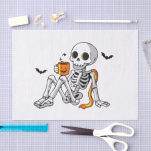 Cosy Halloween Skeleton with Coffee & Bats Mug / S Tissue Paper