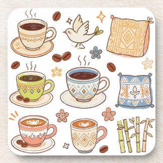 Cosy Hand-Drawn Coffee & Folk Art Doodle Set Coaster