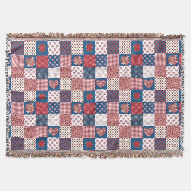 Cosy Hearts and Roses Faux Patchwork Throw Blanket (Front)