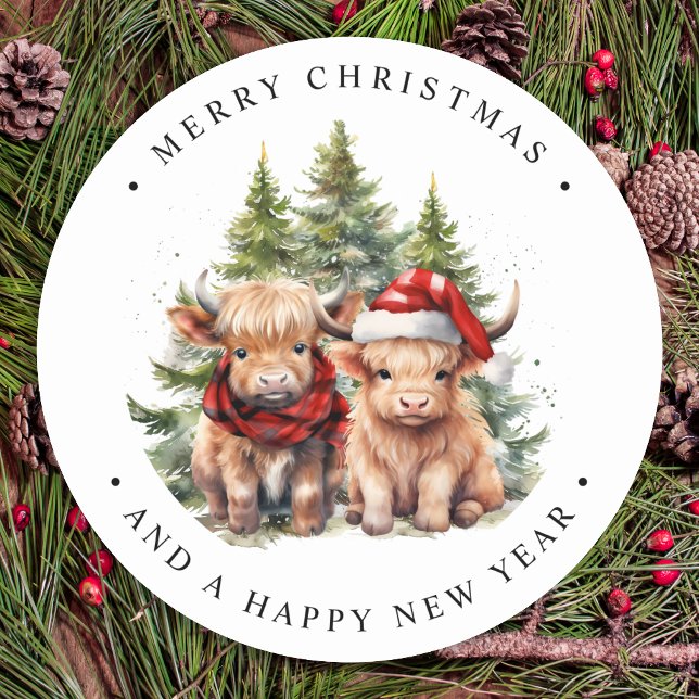 Cosy Highland Cow Farm Animals Merry Christmas  Classic Round Sticker (Creator Uploaded)