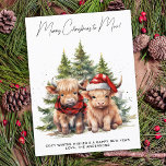 Cosy Highland Cow Farm Animals Merry Christmas  Holiday Postcard<br><div class="desc">Looking for the cutest Christmas cards of the season! Our Highland Cow duo featuring two holiday calves are sure to bring a smile to your loved ones' faces. The design is adorable with the calves wearing a Santa hat and a plaid winter scarf, surrounded by trees and a cosy winter...</div>