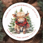 Cosy Highland Cow Farm Animals Winter Baby Shower Classic Round Sticker<br><div class="desc">Looking for an adorable and cosy theme for your baby shower this holiday or winter season? Look no further than our rustic modern cow and highland calf invitations and party supplies! Featuring a charming highland baby cow dressed in a red plaid scarf and pine trees, this charming design is perfect...</div>