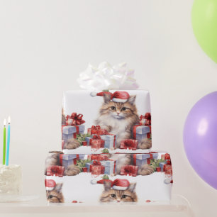 Cosy holiday cat with festive decor wrapping paper