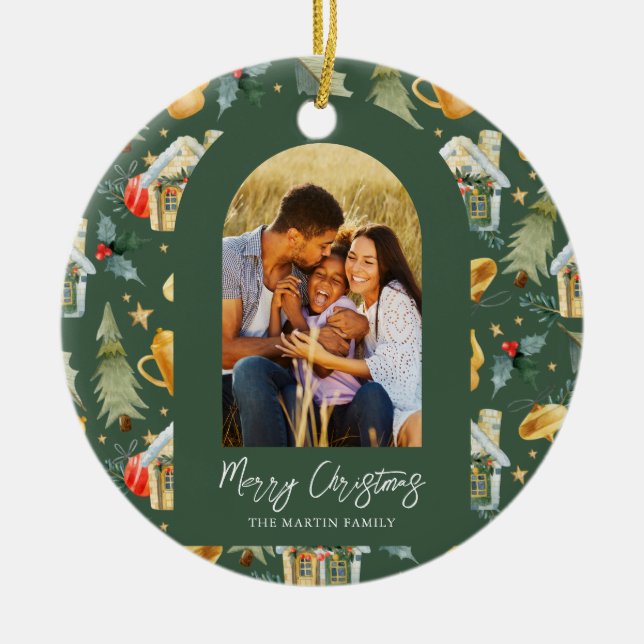 Cosy Holiday Green Illustrated Print Photo Ceramic Ornament (Front)