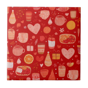 Cosy Holiday Mugs and Gifts Red Pattern Ceramic Tile