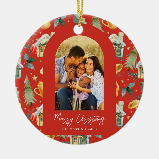 Cosy Holiday Red Illustrated Print Photo Ceramic Ornament (Front)