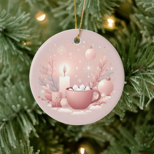 Cosy Holiday Soft Pastel Blush Pink Round Ceramic Ornament (Tree)