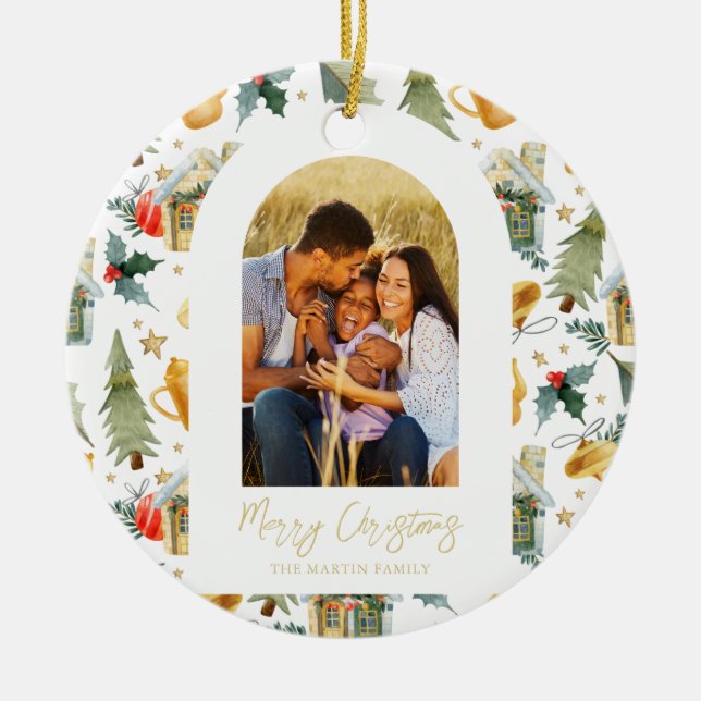 Cosy Holiday White Illustrated Print Photo Ceramic Ornament (Front)