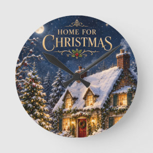 Cosy Home for Christmas , Elegant Snowy House  Round Clock