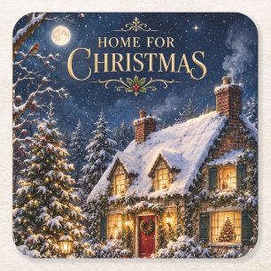 Cosy Home for Christmas , Elegant Snowy House Square Paper Coaster