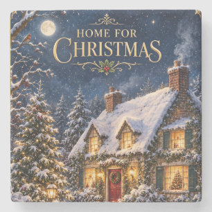 Cosy Home for Christmas , Elegant Snowy House Stone Coaster