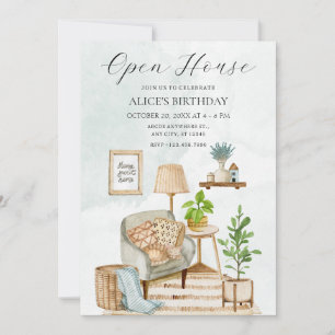 Cosy home interior with plants open house invitation