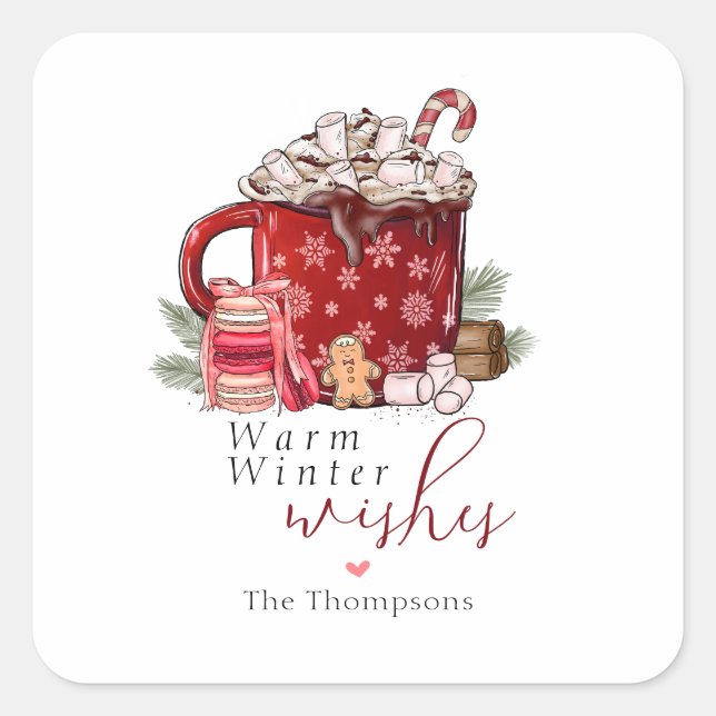 Cosy Hot Chocolate Warm Winter Wishes Christmas Square Sticker (Front)