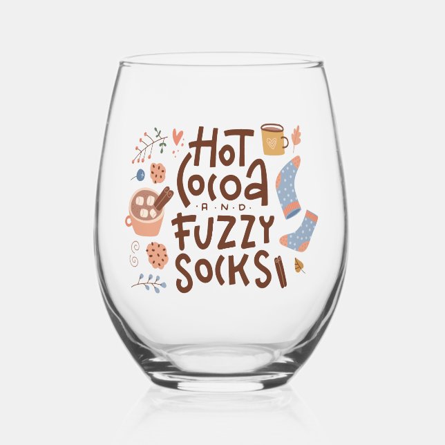 Cosy Hot Cocoa and Fuzzy Socks Design Stemless Wine Glass (Front)
