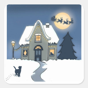 Cosy house at night with Santa Sleigh and Cat Square Sticker