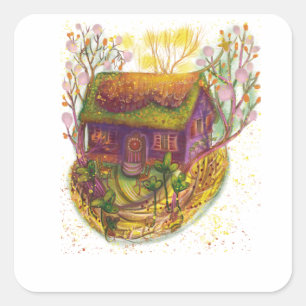 cosy house illustration square sticker