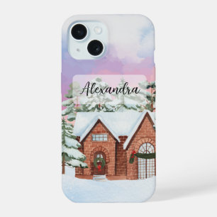 Cosy House with Colourful Sky and Pine Trees Winte iPhone 15 Case