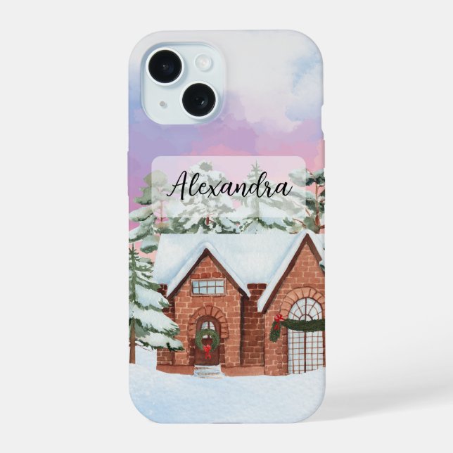 Cosy House with Colourful Sky and Pine Trees Winte iPhone 15 Case (Back)