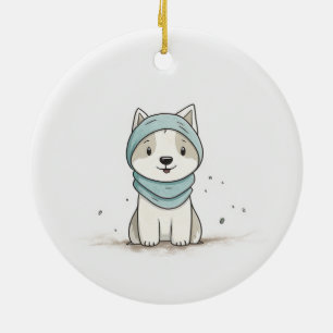 Cosy Husky Illustration - Adorable Puppy in Scarf Ceramic Ornament