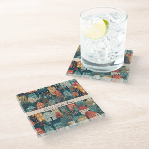 Cosy Hygge Village Nordic Folk Art, custom Glass Coaster