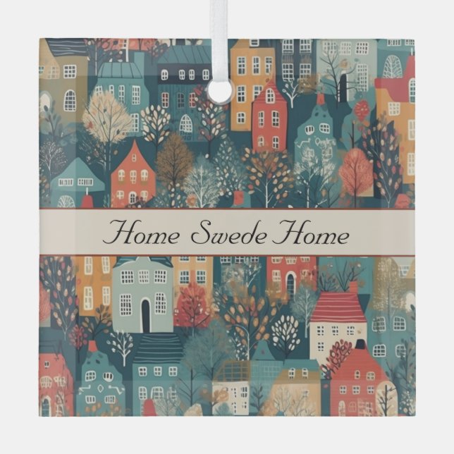 Cosy Hygge Village Nordic Folk Art, custom Glass Tree Decoration (Front)