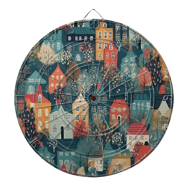 Cosy Hygge Village Nordic Folk Art Dartboard (Front)