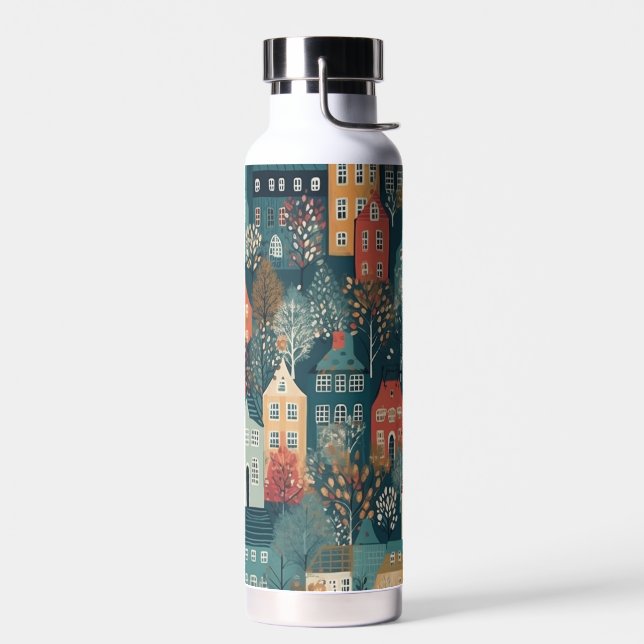 Cosy Hygge Village Nordic Folk Art Water Bottle (Left)