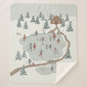 Cosy Ice Skating Rink Winter illustration Sherpa Blanket