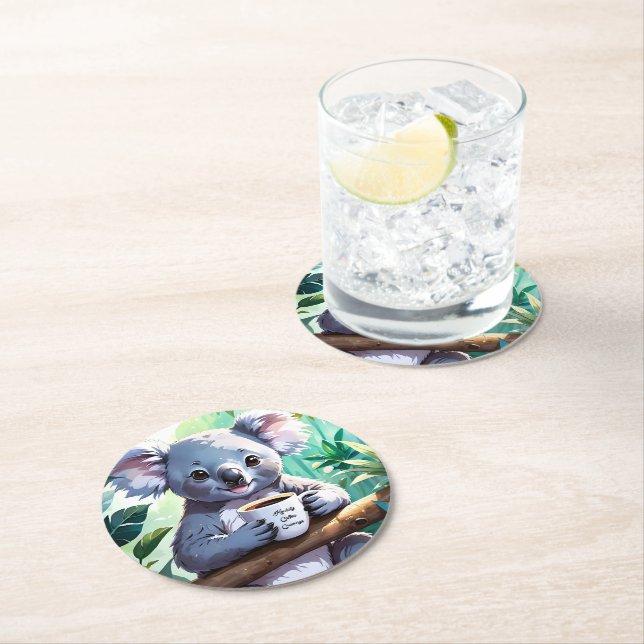 Cosy Jungle Koala Coffee Round Paper Coaster (Insitu)