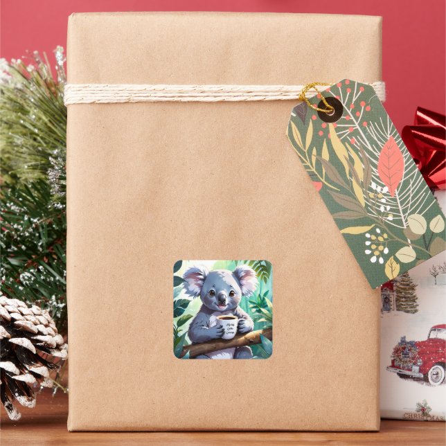 Cosy Jungle Koala Coffee Square Sticker (Holiday)