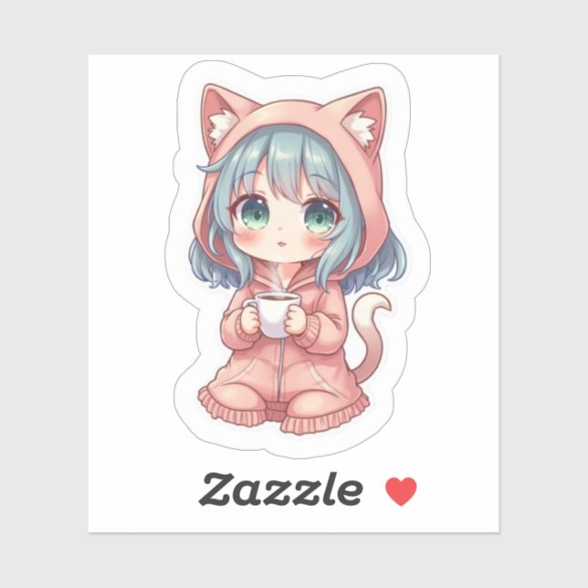 Cosy Kawaii Anime Girl with Cat Hoodie – Hot Drink (Sheet)