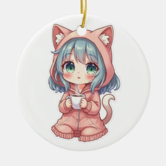 Cosy Kawaii Anime Girl with Cat Hoodie – Hot Drink Ceramic Ornament