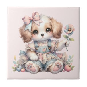 Cosy Kawaii Cottagecore Farmcore Puppy Style Ceramic Tile