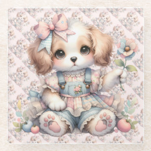 Cosy Kawaii Cottagecore Farmcore Puppy Style Glass Coaster