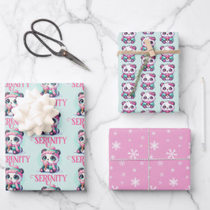 Cosy Kawaii Panda with Ice Cream Cone Winter Wrapping Paper Sheet