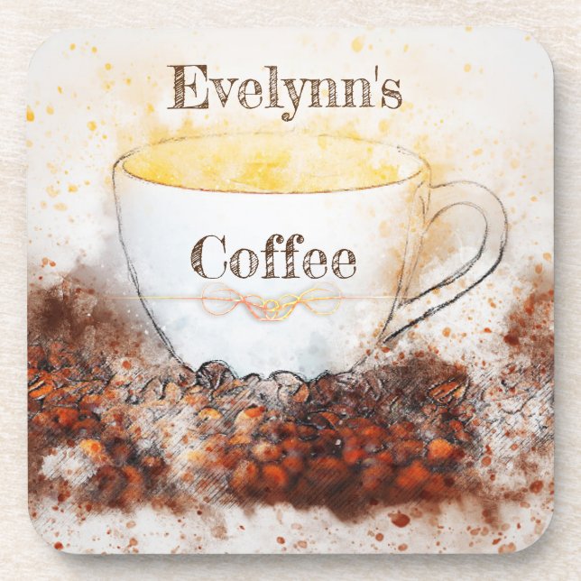 Cosy kitchen coffee cup and coffee bean coaster (Front)