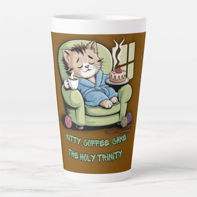 Cosy Kitten with Coffee and Cake – Funny Cat Latte Mug (Front)