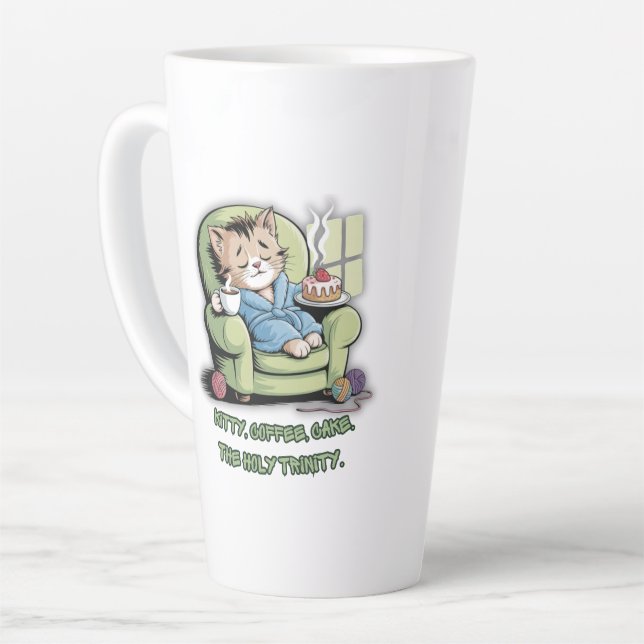 Cosy Kitten with Coffee and Cake – Funny Cat Latte Mug (Left Angle)