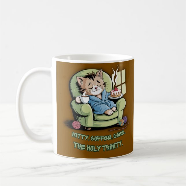 Cosy Kitten with Coffee and Cake – Funny Cat Mug (Left)