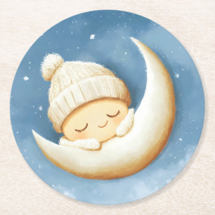 Cosy Knit Nap Cresent Moon Round Paper Coaster
