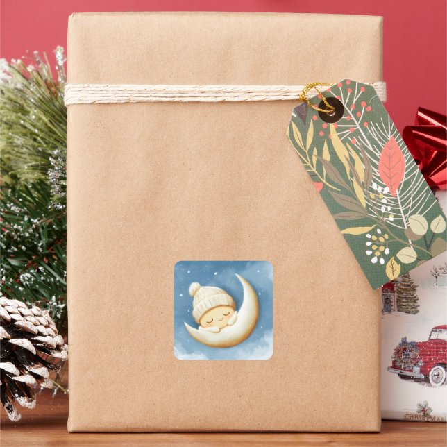 Cosy Knit Nap Cresent Moon Square Sticker (Holiday)