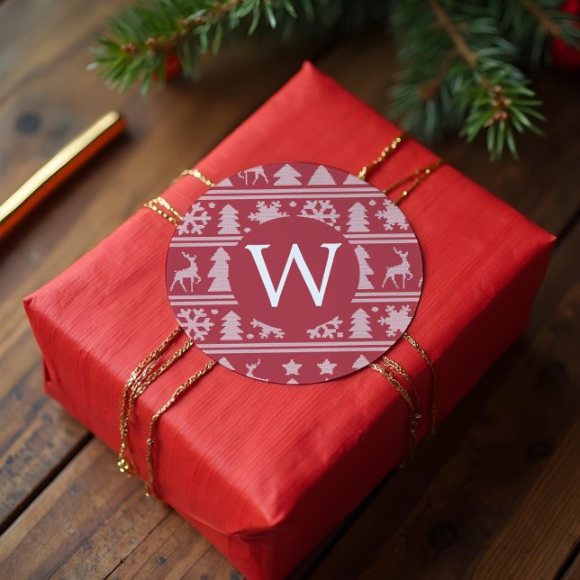 Cosy Knit Red Sweater Pattern Monogram Christmas Classic Round Sticker (Cozy Knit Red Sweater Pattern Monogram Christmas Classic Round Sticker)