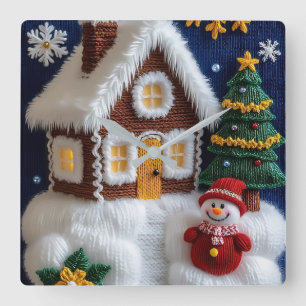 Cosy Knitted Christmas House & Snowman Wall Clock