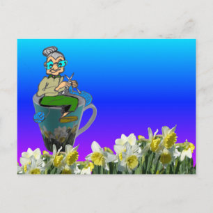 Cosy Knitting Woman on Daffodils Mug DIY Postcard