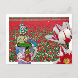 Cosy Knitting Woman on Tulips Mug Postcard
