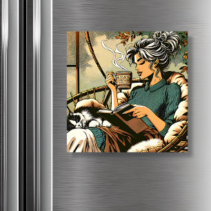 Cosy Lady Reading with Coffee and Cat