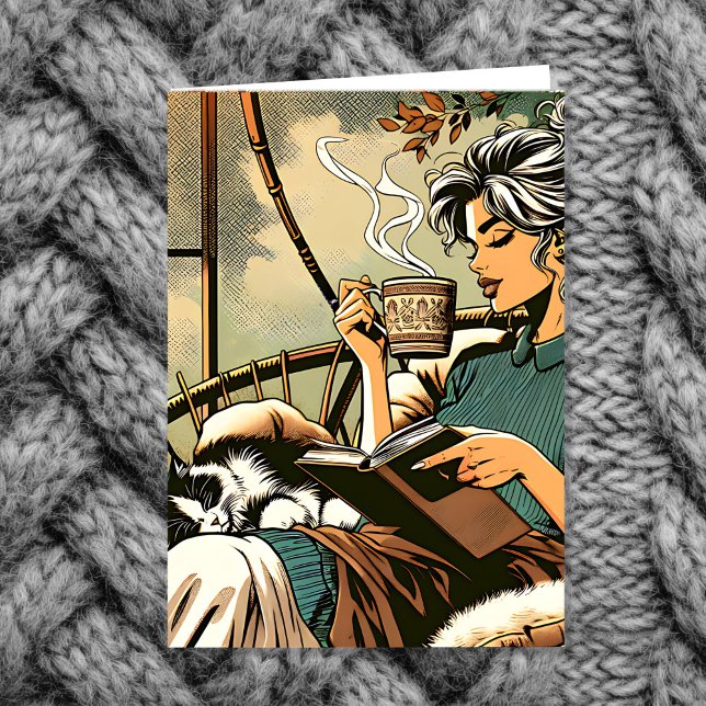 Cosy Lady Reading with Coffee and Cat Card (Creator Uploaded)